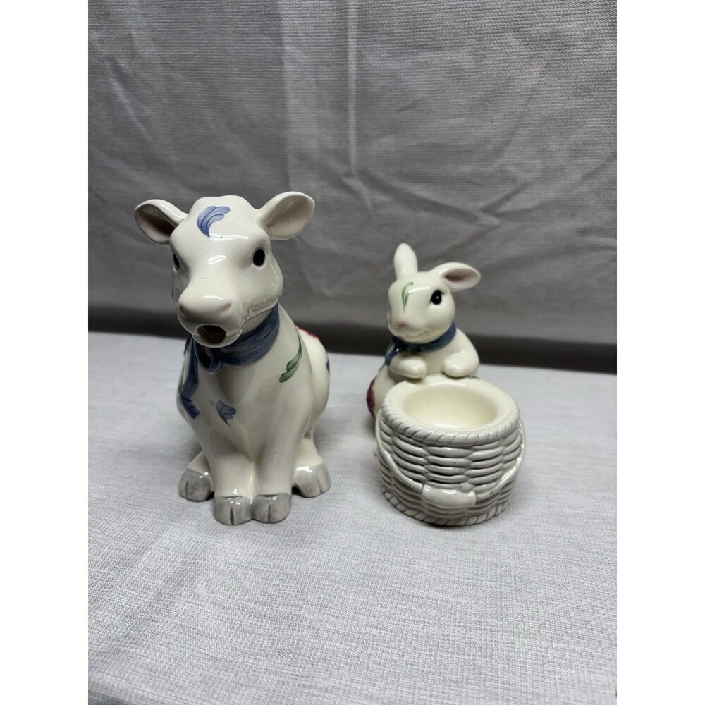 Lenox Poppies On Blue Cow Creamer & Bunny Votive Holder Figurine Set